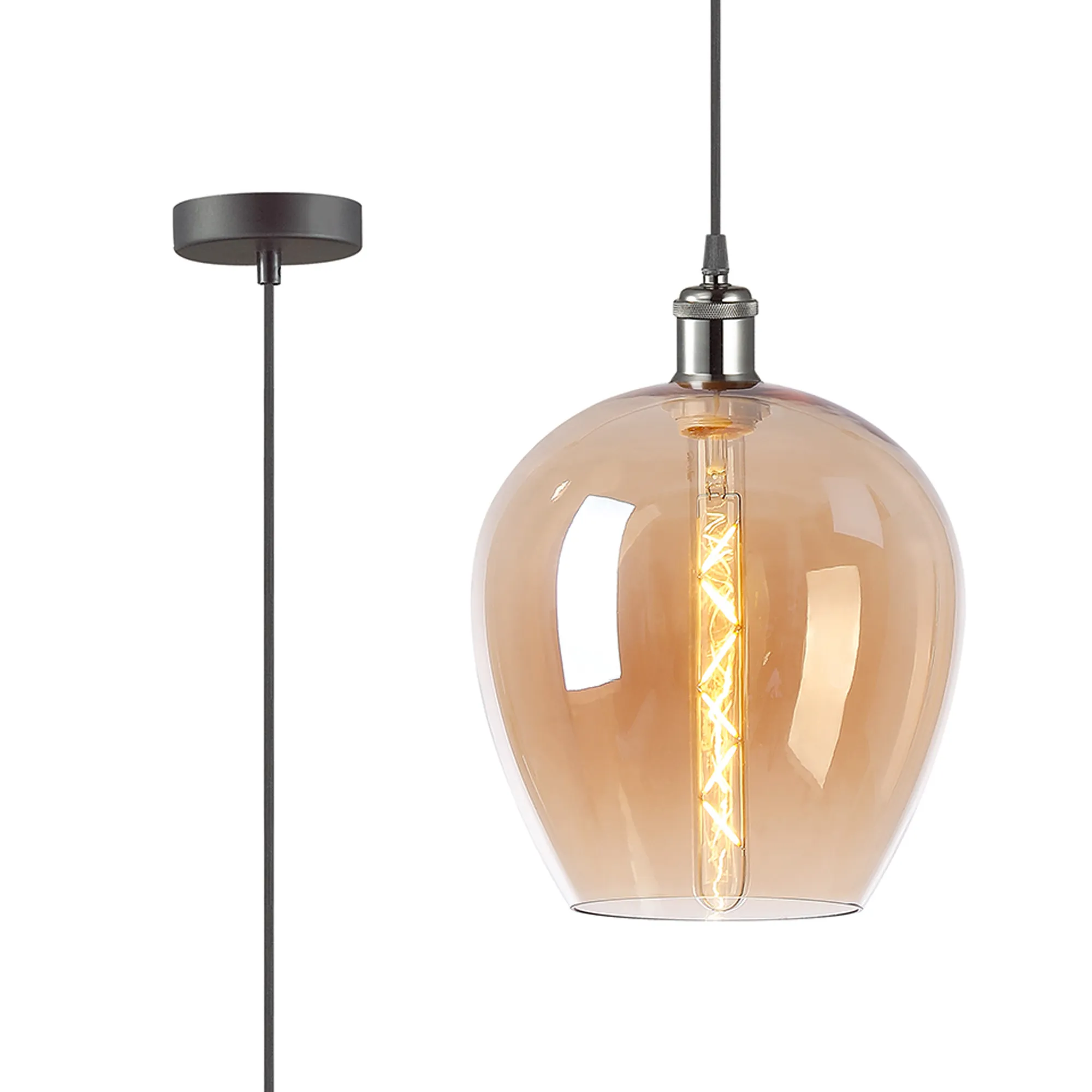 DK1101  Cawdor Single Pendant, 1 Light E27, Gun Metal/Black/Amber Wine Glass